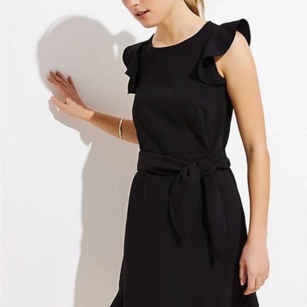 LOFT Black Flutter Sleeve Belted Dress Fit & Flare Size 2 - Picture 4 of 12